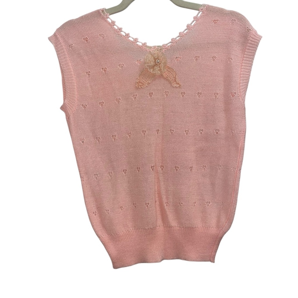 Vintage Knit Pink Sweater Vest Coquette Bow Women's S